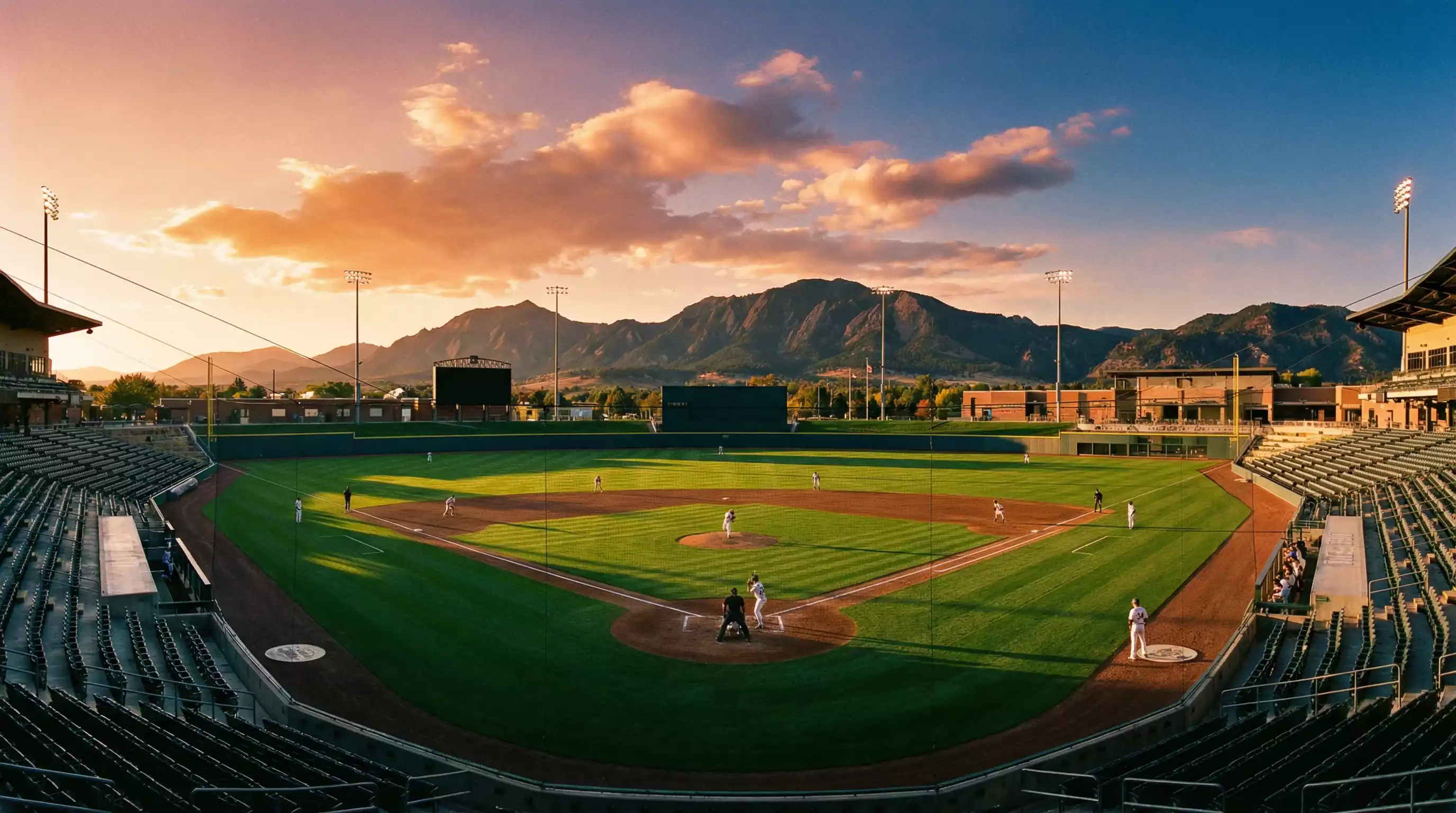 Panoramaansicht eines Baseball-Stadions bei Sonnenuntergang mit Blick auf das Spielfeld – Ballpark-Faktoren und Wetterbedingungen für Over/Under-Wetten