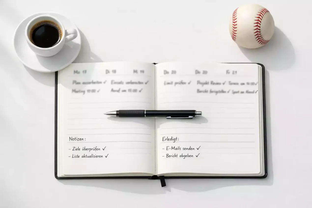 Bankroll-Management Baseball Wetten – Aufgeschlagener Planer mit Stift auf einem Schreibtisch