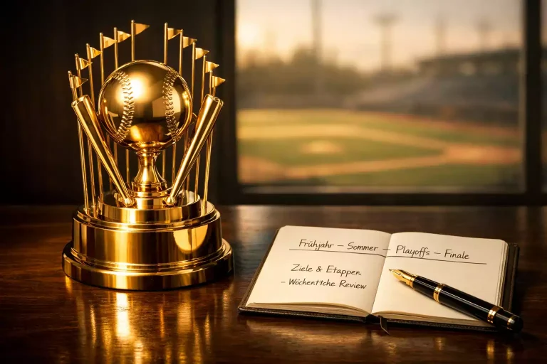 Goldener Baseball-Pokal neben einem Spielplan als Symbol für MLB-Langzeitwetten und Futures