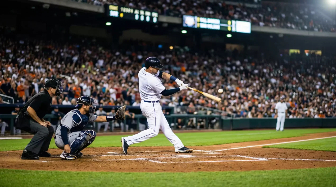 Baseball Livewetten — Batter schlägt den Ball im voll besetzten MLB-Stadion bei Nacht