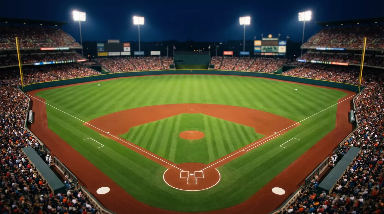 Blick auf ein beleuchtetes MLB-Baseballstadion bei Nacht während eines laufenden Spiels