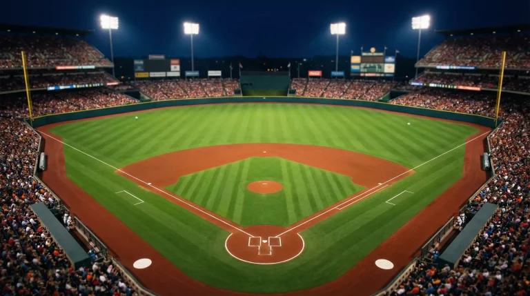 Blick auf ein beleuchtetes MLB-Baseballstadion bei Nacht während eines laufenden Spiels