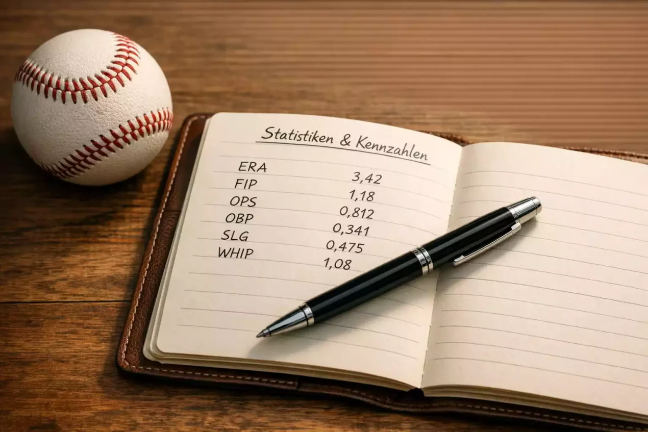 Baseball Statistiken für Wetter – Notizbuch mit Statistik-Aufzeichnungen neben einem Baseball