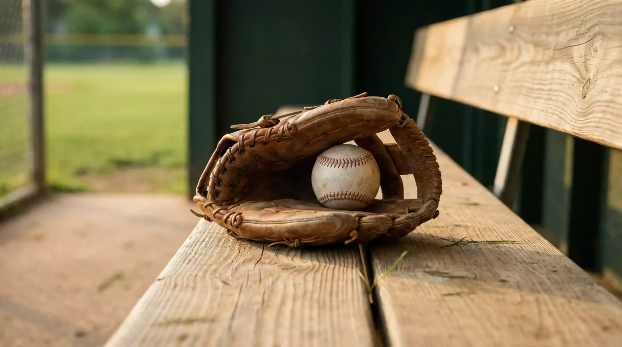 Baseball Wetten für Anfänger – Baseballhandschuh mit Ball auf einer Holzbank