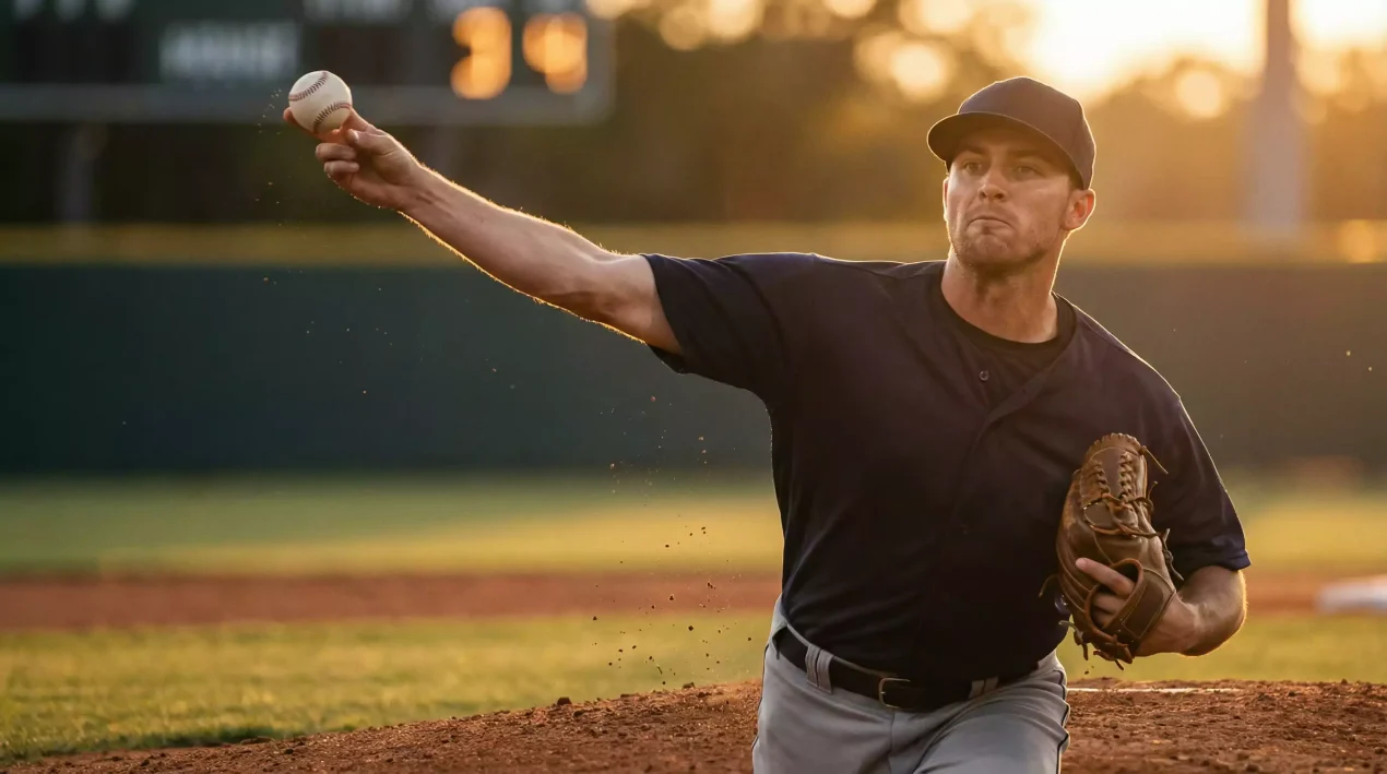 Baseball Wetten Strategie — Pitcher in Wurfbewegung auf dem Mound im Abendlicht