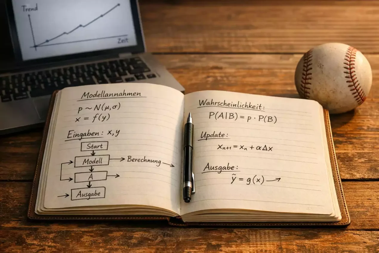 Baseball Wetten mit System – Notizbuch mit handschriftlichen Formeln neben einem Laptop