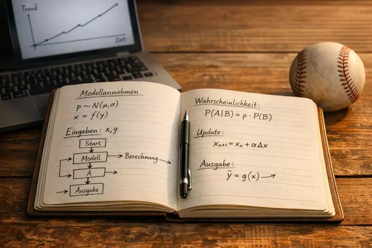 Baseball Wetten mit System – Notizbuch mit handschriftlichen Formeln neben einem Laptop