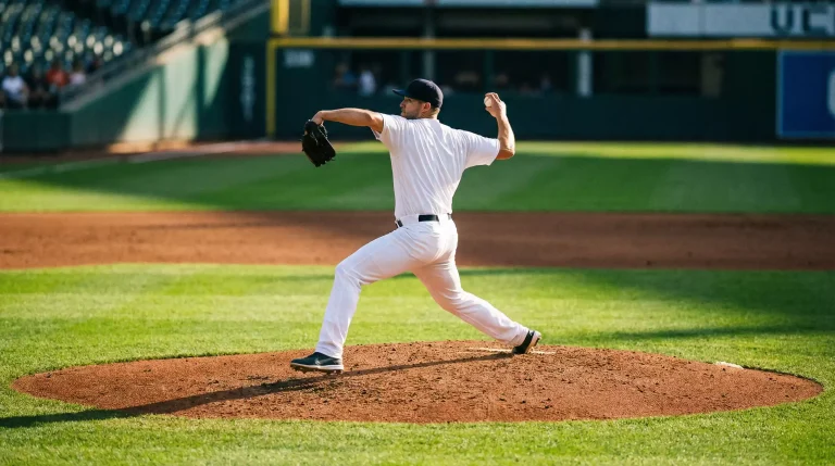 Baseball-Pitcher beim Wurf auf dem Mound während der ersten Innings eines MLB-Spiels