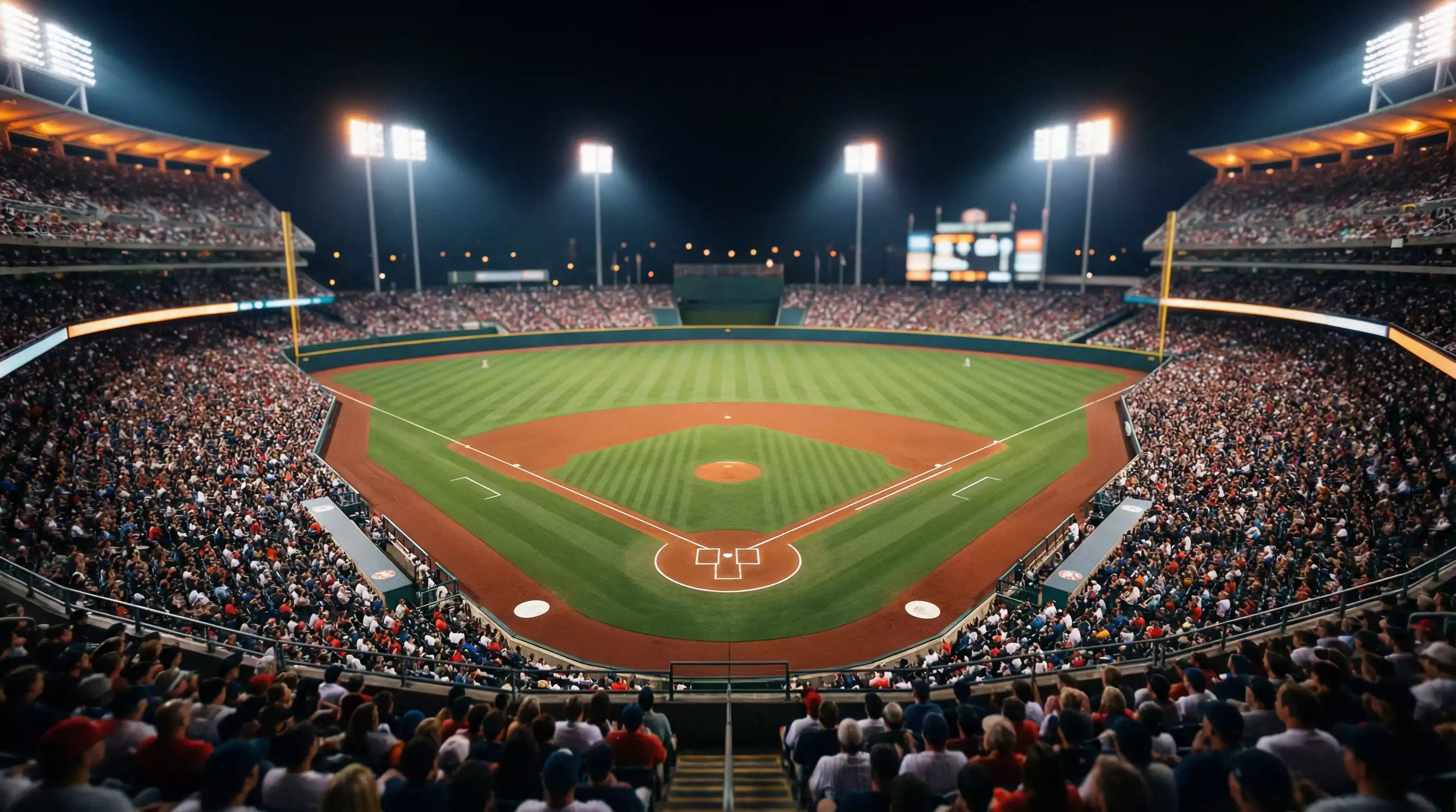 Blick in ein vollbesetztes Baseball-Stadion während eines Nachtspiels – Szenario für Livewetten und In-Play-Strategien bei MLB-Spielen