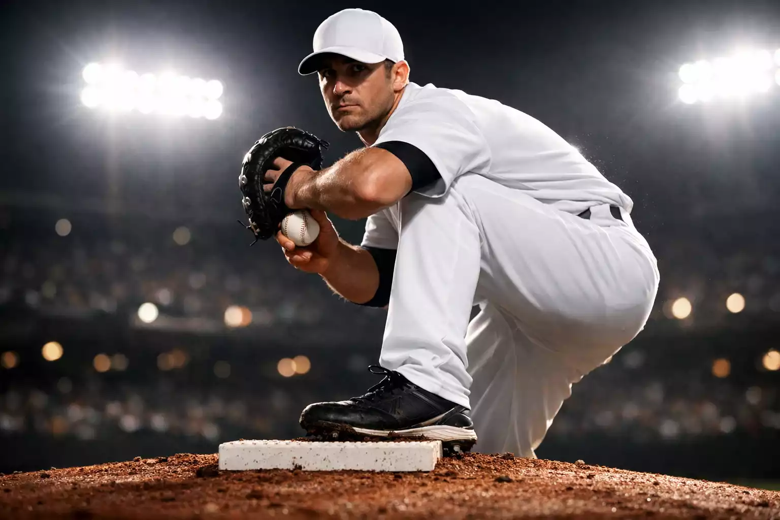 Baseball-Pitcher in Wurfbewegung auf dem Mound bei einem Nachtspiel – Analyse von ERA, WHIP und Strikeout-Rate für Sportwetten