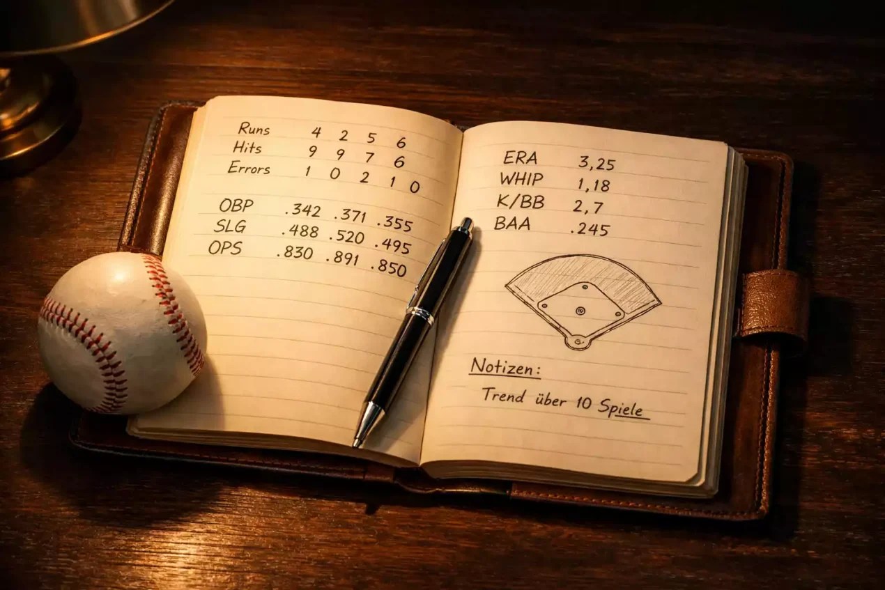 Sabermetrics Sportwetten – Notizbuch mit Statistiken neben einem Baseball