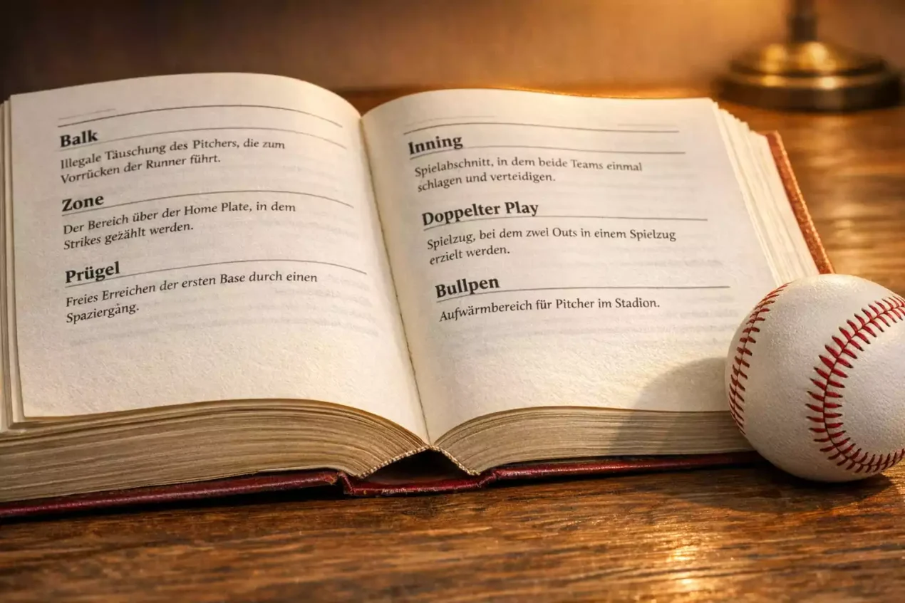 Sportwetten-Glossar Baseball – Aufgeschlagenes Nachschlagewerk mit Baseball daneben