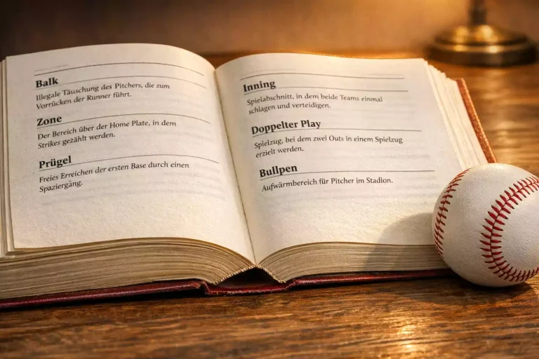Sportwetten-Glossar Baseball – Aufgeschlagenes Nachschlagewerk mit Baseball daneben