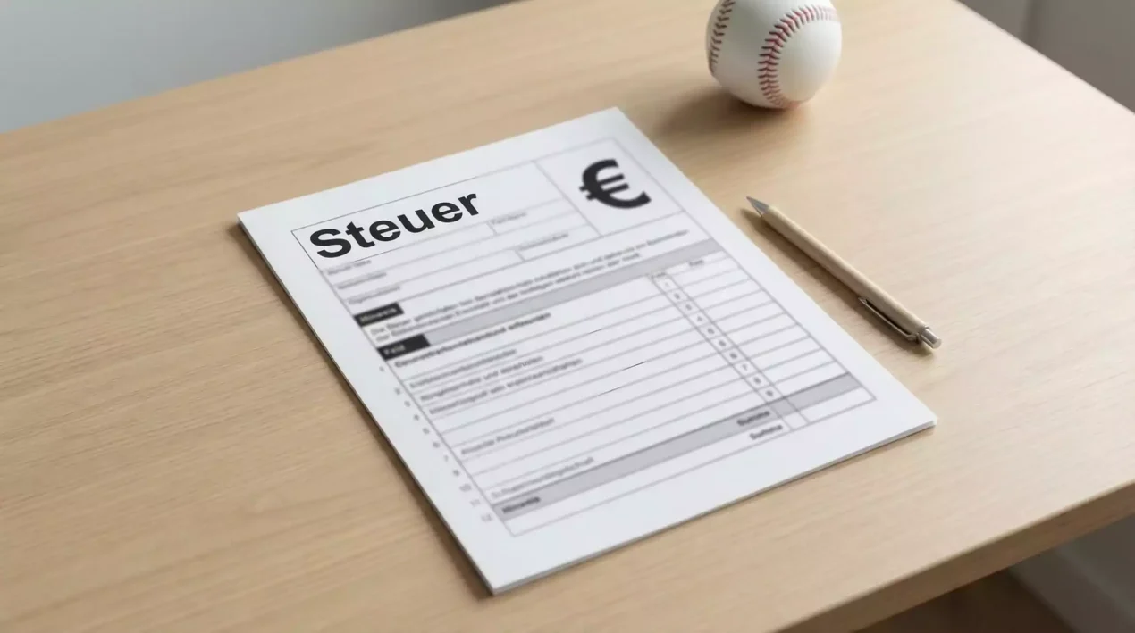 Wettsteuer Deutschland Baseball Wetten – Dokument mit €-Zeichen und Steuersatz auf Schreibtisch