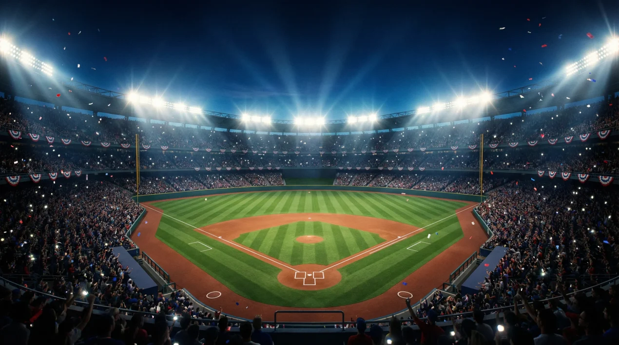 World Series Wetten – Baseballstadion bei Nacht mit Flutlicht und vollem Zuschauerrang